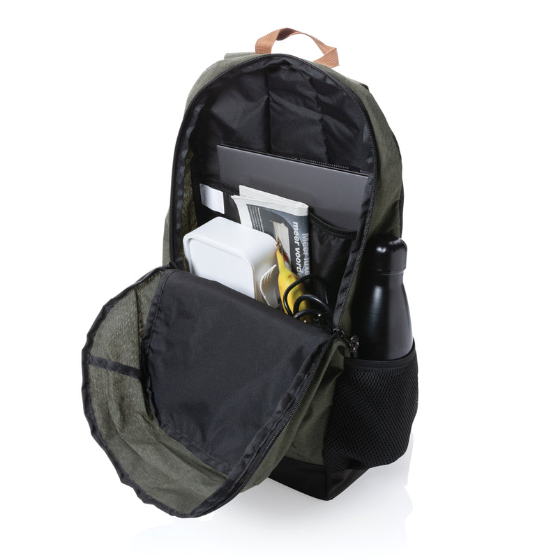 Load image into Gallery viewer, Impact AWARE™ Urban outdoor backpack by XD Collection, stylish black bag with multiple compartments and adjustable straps for travel and daily use.
