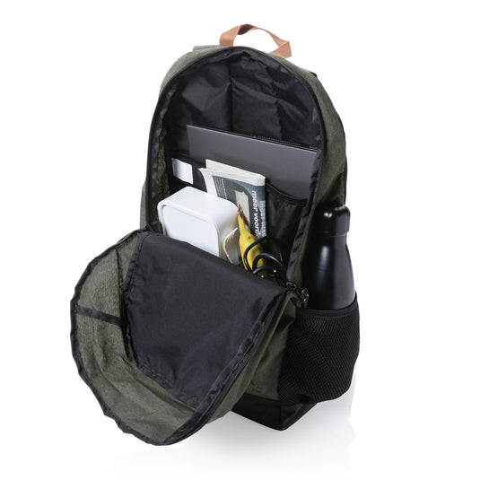 Impact AWARE™ Urban outdoor backpack by XD Collection, stylish black bag with multiple compartments and adjustable straps for travel and daily use.