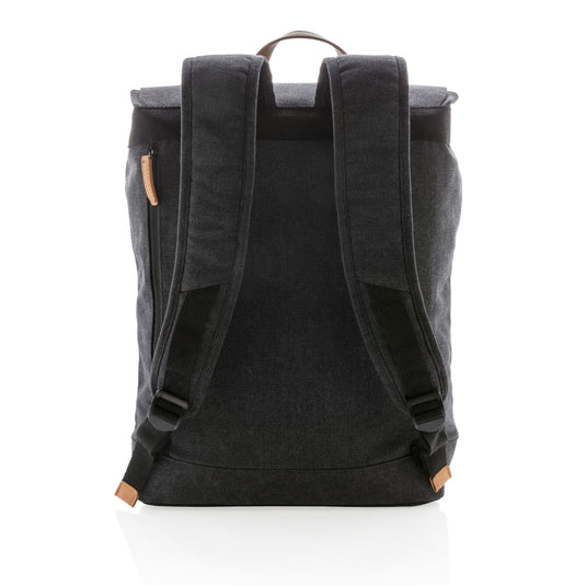 Canvas laptop backpack by XD Collection, PVC-free bag with multiple compartments and comfortable straps for travel and daily use.