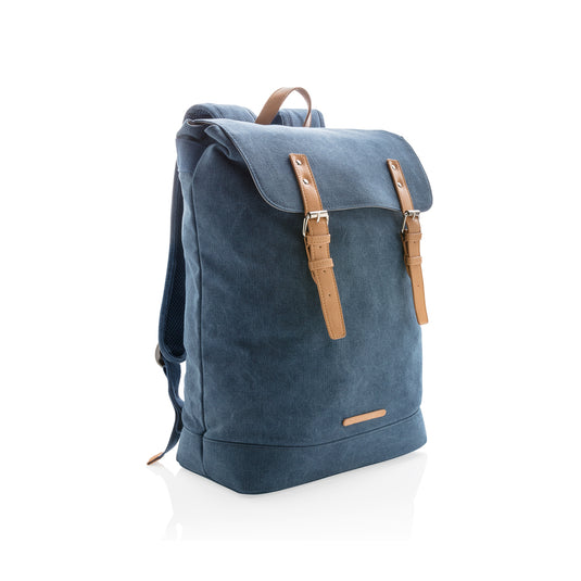 Canvas laptop backpack by XD Collection, PVC-free travel bag with multiple compartments and adjustable straps.