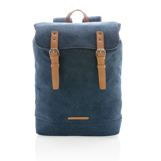 PVC-free canvas laptop backpack from XD Collection, showing multiple compartments and adjustable straps for travel and everyday use.