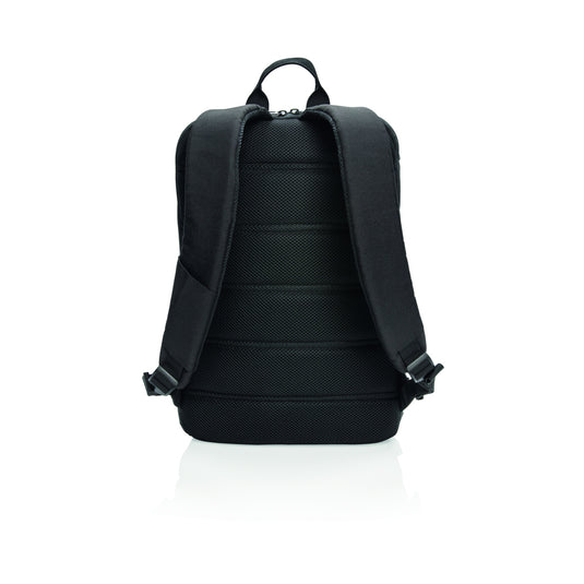 XD Xclusive Madrid anti-theft RFID USB laptop backpack with PVC-free material, featuring multiple compartments and modern design.