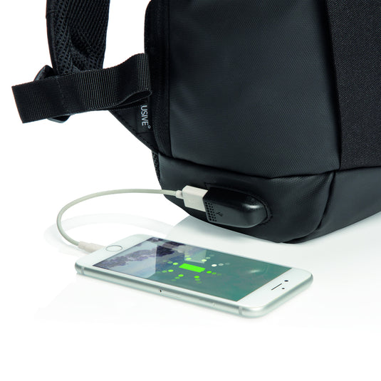XD Xclusive Madrid anti-theft RFID USB laptop backpack in black with multiple compartments and PVC-free durable fabric.