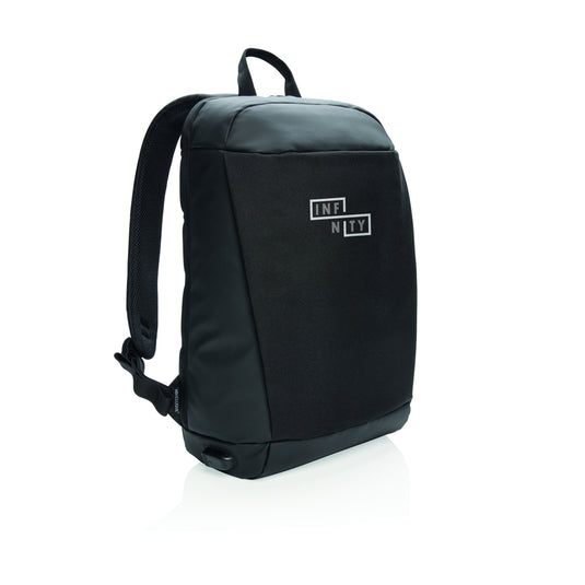 XD Xclusive Madrid anti-theft RFID USB laptop backpack with PVC-free material, showing multiple compartments and secure design features.