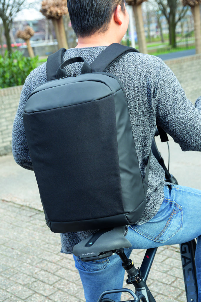 Load image into Gallery viewer, XD Xclusive Madrid anti-theft RFID USB laptop backpack in PVC-free material, showing the sleek, black design with multiple compartments.
