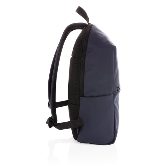 XD Collection smooth PU 15.6-inch laptop backpack with padded compartments and adjustable straps, ideal for travel and daily use.