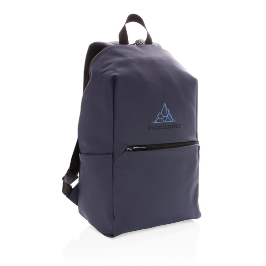XD Collection smooth PU 15.6-inch laptop backpack with multiple compartments and padded straps for comfortable carrying.