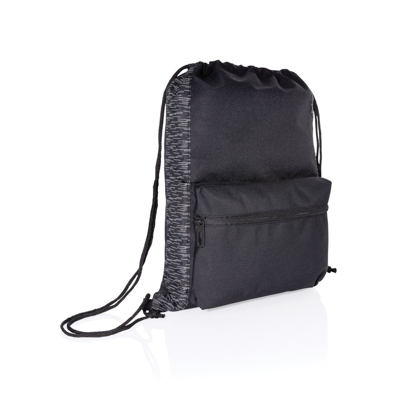 Load image into Gallery viewer, AWARE™ RPET reflective drawstring backpack from XD Collection, showing black bag with reflective accents and drawstring straps.
