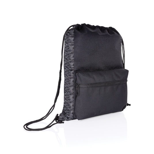 AWARE™ RPET reflective drawstring backpack from XD Collection, showing black bag with reflective accents and drawstring straps.