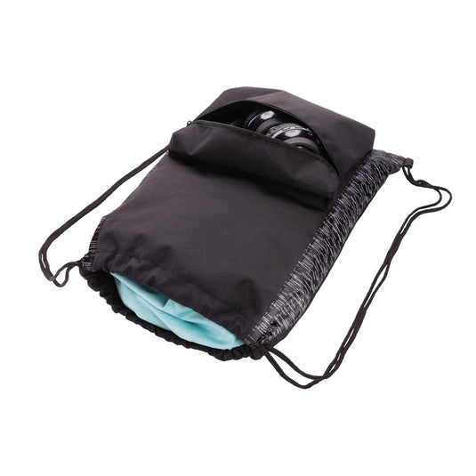 AWARE™ RPET reflective drawstring backpack by XD Collection, showing black bag with reflective accents and adjustable drawstrings.