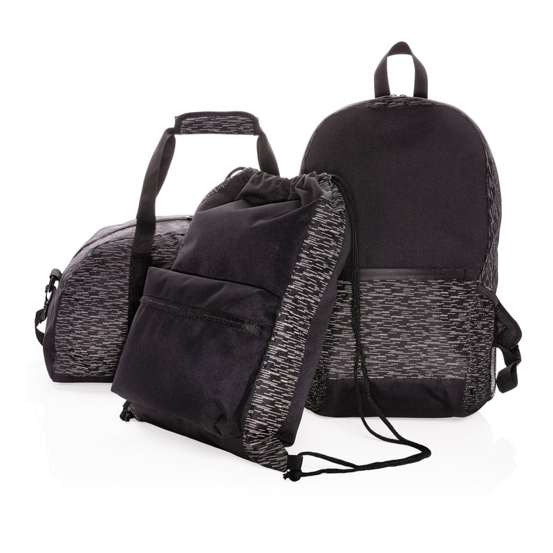 Load image into Gallery viewer, Reflective drawstring backpack from XD Collection's AWARE™ RPET Bags &amp; Travel line, featuring eco-friendly material and adjustable straps.
