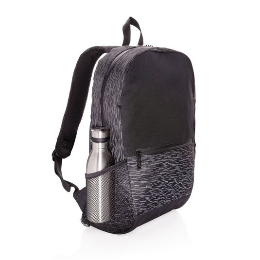 XD Collection AWARE™ RPET reflective laptop backpack with adjustable straps and spacious compartments, showing its eco-friendly design.