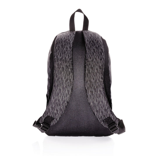 XD Collection AWARE™ RPET reflective laptop backpack in black with adjustable straps and multiple compartments for travel and work.