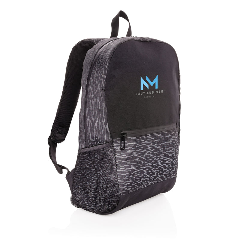 Load image into Gallery viewer, XD Collection AWARE™ RPET reflective laptop backpack in black with adjustable straps and front zipper pocket.
