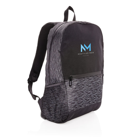 XD Collection AWARE™ RPET reflective laptop backpack in black with adjustable straps and front zipper pocket.