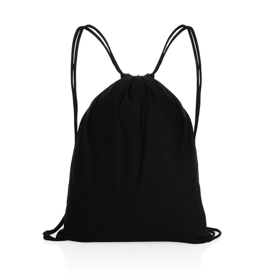 Recycled cotton drawstring backpack from XD Collection, Impact AWARE™ branded bag for travel and everyday use.