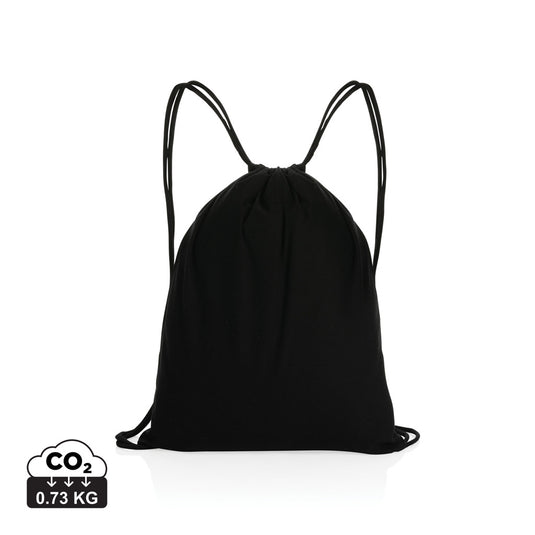 Recycled cotton drawstring backpack from XD Collection Impact AWARE™ in eco-friendly design, shown with adjustable straps and spacious interior.