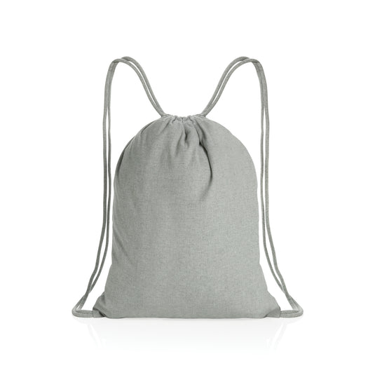 Impact AWARE™ recycled cotton drawstring backpack by XD Collection, lightweight 145g bag with adjustable drawstrings and eco-friendly design.
