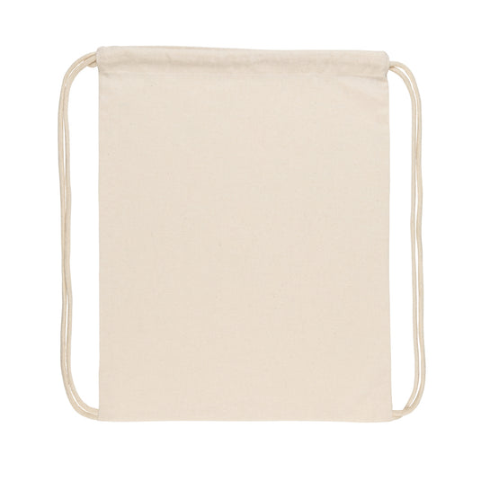 Recycled cotton drawstring backpack by XD Collection, Impact AWARE™ brand, lightweight 145g bag with black drawstrings.
