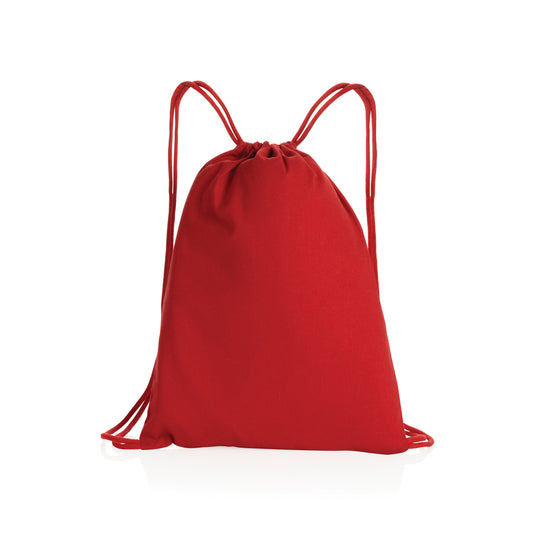 Recycled cotton drawstring backpack from XD Collection Impact AWARE™ in natural fabric with black drawstrings, lightweight and eco-friendly.
