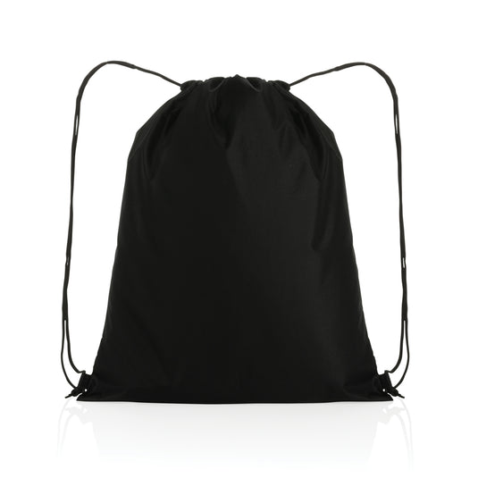 Impact AWARE™ RPET drawstring bag from XD Collection, made from recycled materials, with black drawstrings and spacious interior.