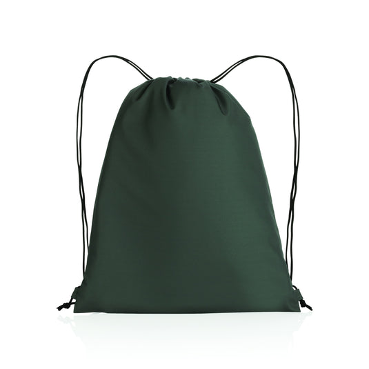 XD Collection Impact AWARE™ RPET 190T drawstring bag with black straps and logo on light gray fabric, suitable for travel and daily use.