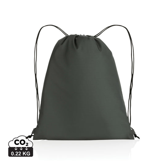 Impact AWARE™ RPET 190T drawstring bag by XD Collection, lightweight green bag with black drawstrings and branding.
