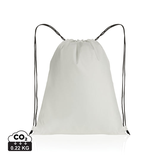 Impact AWARE™ RPET 190T drawstring bag by XD Collection, lightweight eco-friendly bag with black drawstrings and branding details.