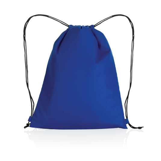 Impact AWARE™ RPET 190T drawstring bag by XD Collection, made from recycled materials, with black drawstrings and durable fabric.