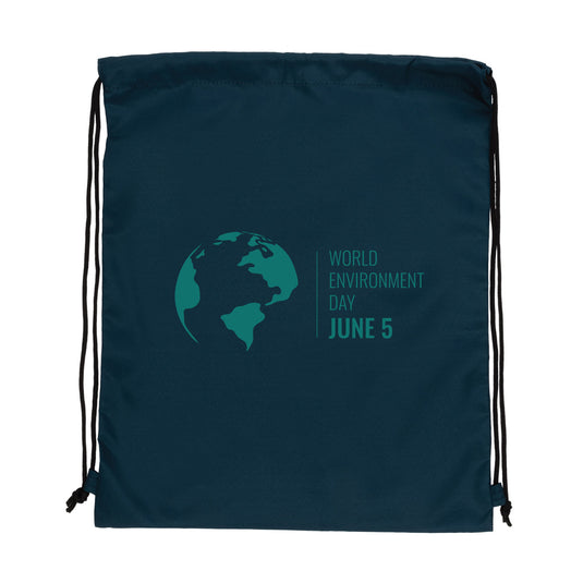 Blue Impact AWARE™ RPET 190T drawstring bag from XD Collection with black drawstrings, lightweight and eco-friendly for travel and everyday use.