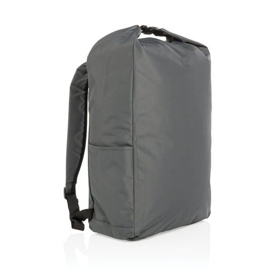 Impact AWARE™ RPET lightweight rolltop backpack from XD Collection, showing the sleek black bag with rolltop closure and adjustable straps.