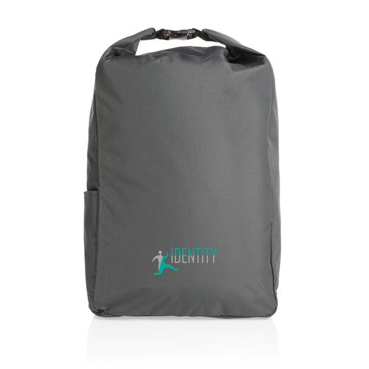 Lightweight RPET rolltop backpack from XD Collection's Impact AWARE™ series, showing durable fabric and adjustable straps.