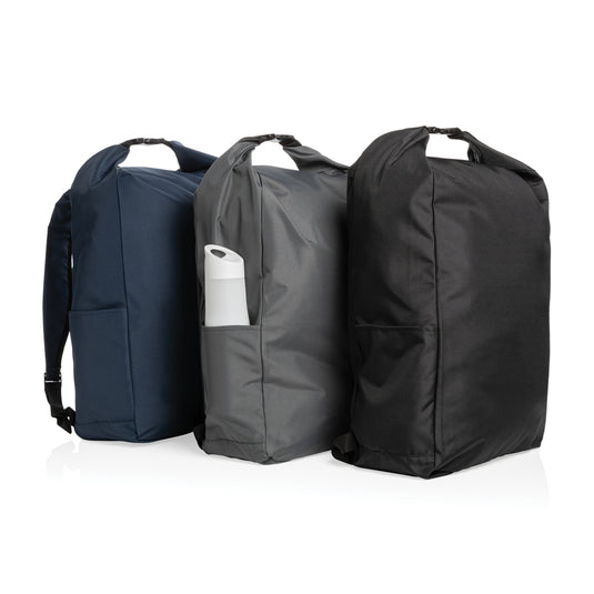 Lightweight Impact AWARE™ RPET rolltop backpack from XD Collection, showing durable fabric and adjustable straps.