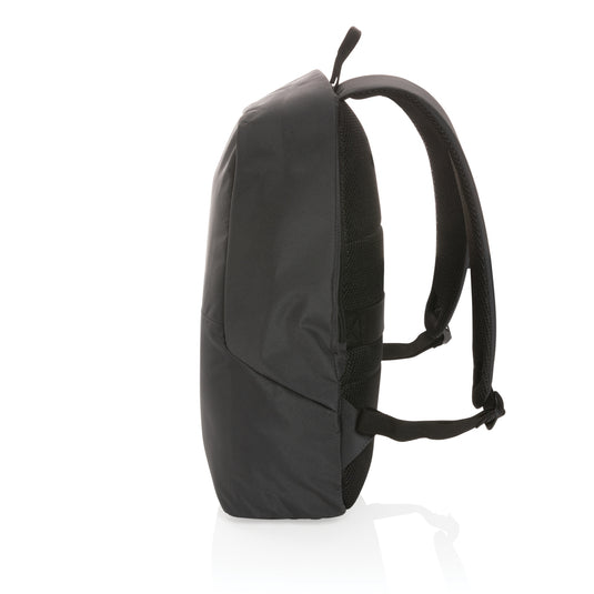 XD Collection Impact AWARE™ RPET anti-theft backpack, durable eco-friendly bag with secure zipper and sleek black design.