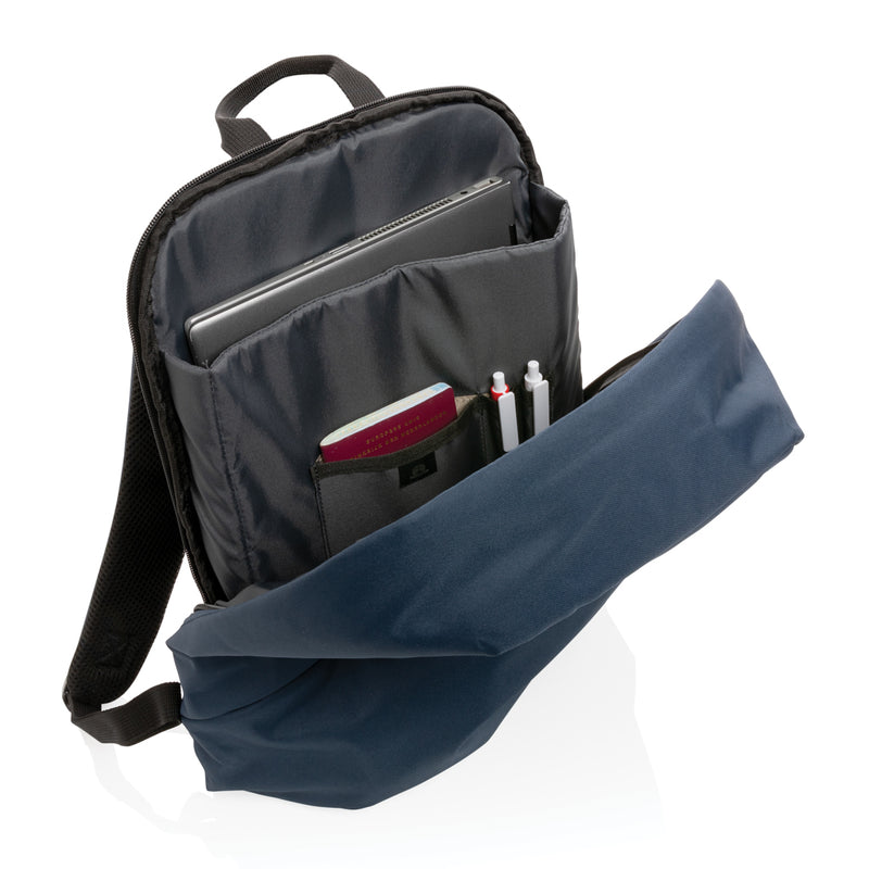 Load image into Gallery viewer, Dark blue Impact AWARE™ RPET anti-theft backpack by XD Collection, showing multiple compartments and secure zipper closures.
