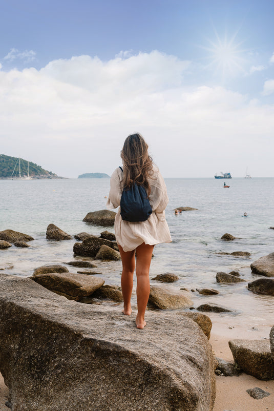 Impact AWARE™ recycled denim drawstring backpack - Custom Wood Designs