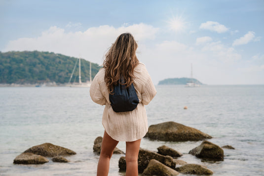 Impact AWARE™ recycled denim drawstring backpack - Custom Wood Designs