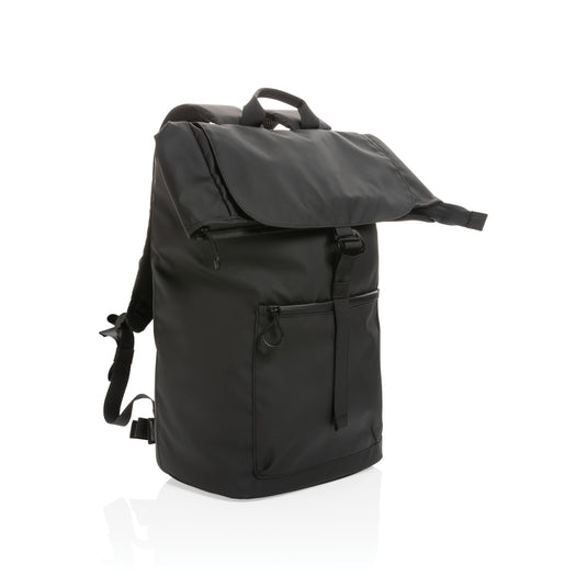 XD Collection Impact AWARE™ RPET water-resistant laptop backpack with 15.6-inch compartment and multiple pockets, black color.