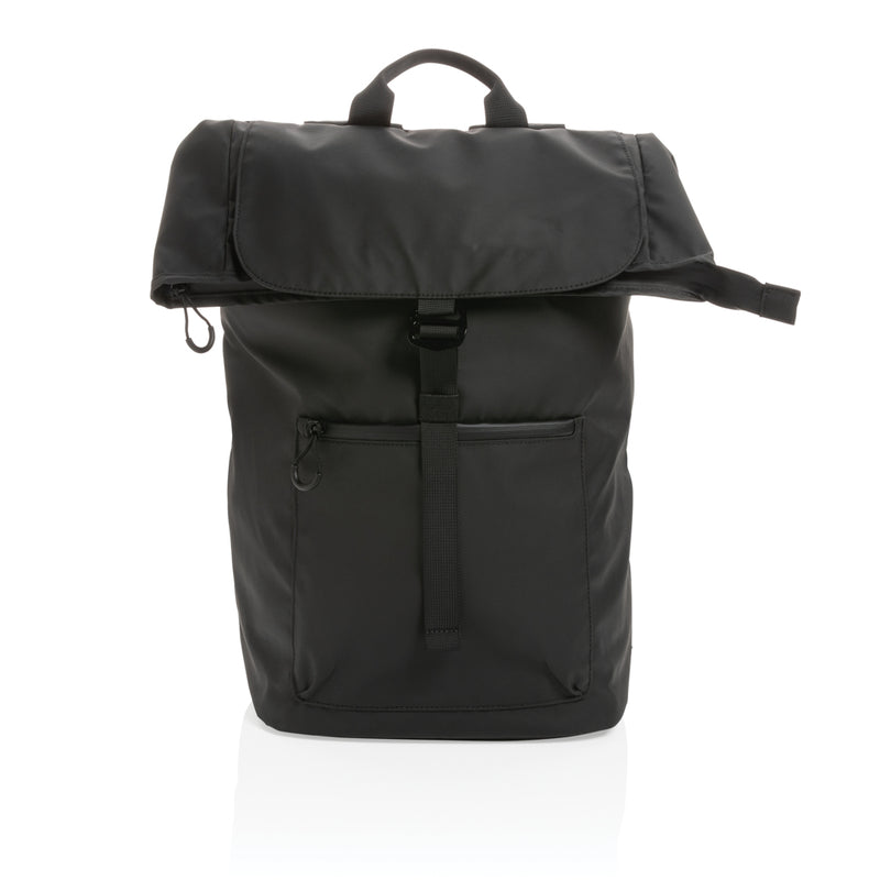 Load image into Gallery viewer, XD Collection Impact AWARE™ RPET water-resistant 15.6-inch laptop backpack in black with multiple compartments and padded straps.
