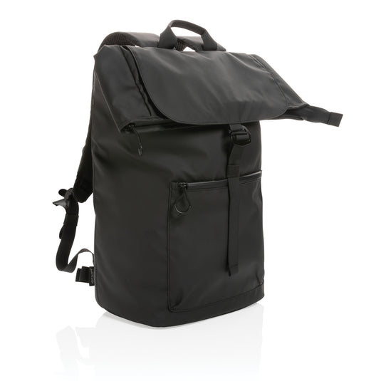 XD Collection Impact AWARE™ RPET water-resistant 15.6-inch laptop backpack, black with multiple compartments and padded shoulder straps.