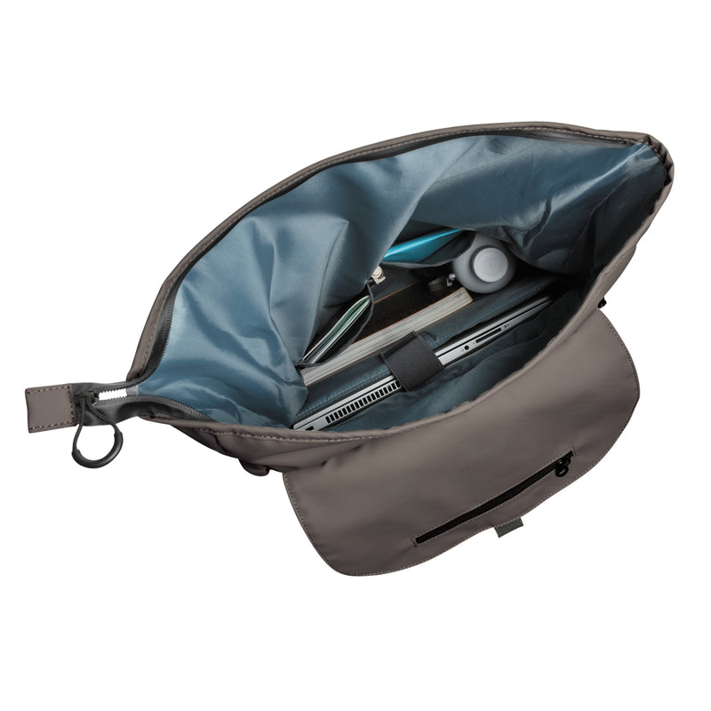 Load image into Gallery viewer, XD Collection Impact AWARE™ RPET water-resistant laptop backpack with 15.6-inch compartment, black fabric, and adjustable straps.
