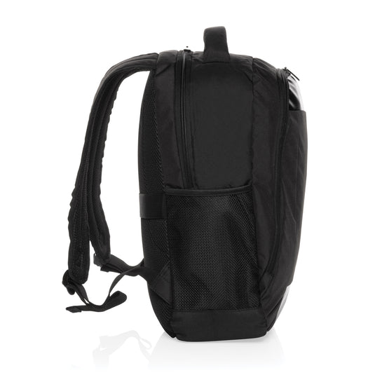 Impact AWARE™ Boardroom laptop backpack by XD Collection, PVC-free bag with multiple compartments and sleek design for travel and work.