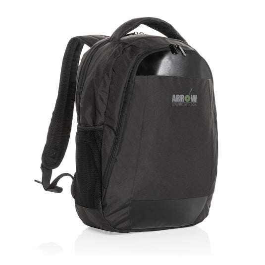 Impact AWARE™ Boardroom laptop backpack by XD Collection, PVC-free bag with multiple compartments and sleek black design.