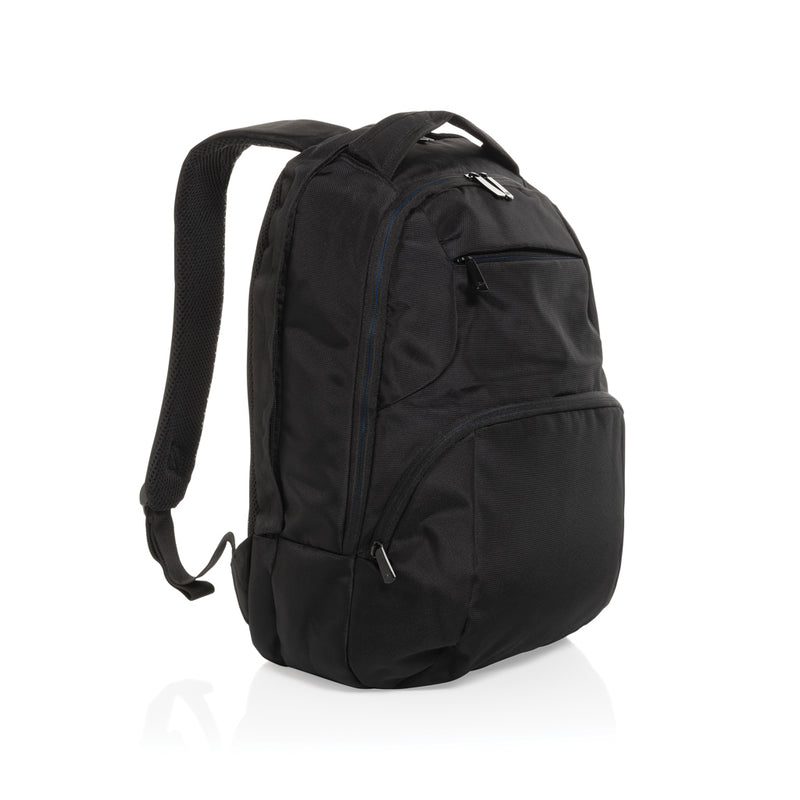 Load image into Gallery viewer, XD Collection Impact AWARE™ universal laptop backpack in black with multiple compartments and padded shoulder straps for travel.
