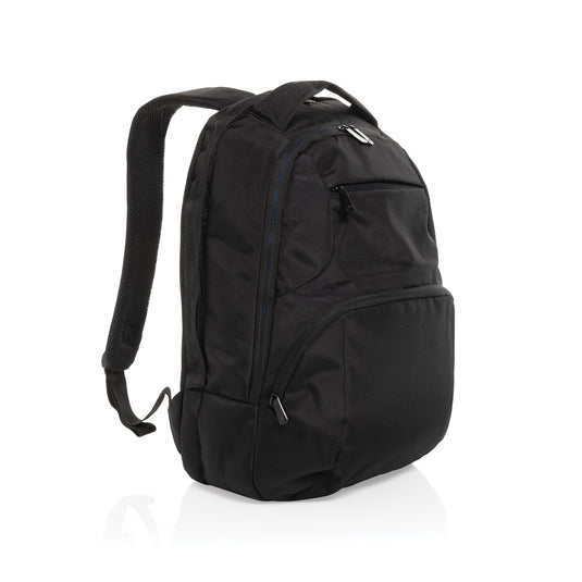 XD Collection Impact AWARE™ universal laptop backpack in black with multiple compartments and padded shoulder straps for travel.