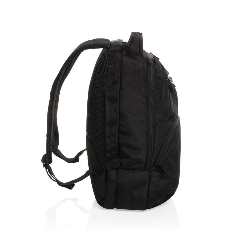 Load image into Gallery viewer, Impact AWARE™ Universal laptop backpack from XD Collection, showing durable black bag with multiple compartments and padded straps.
