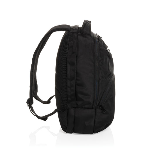 Impact AWARE™ Universal laptop backpack from XD Collection, showing durable black bag with multiple compartments and padded straps.