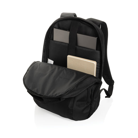 Impact AWARE™ Universal laptop backpack by XD Collection, black bag with multiple compartments and adjustable straps for travel and work.
