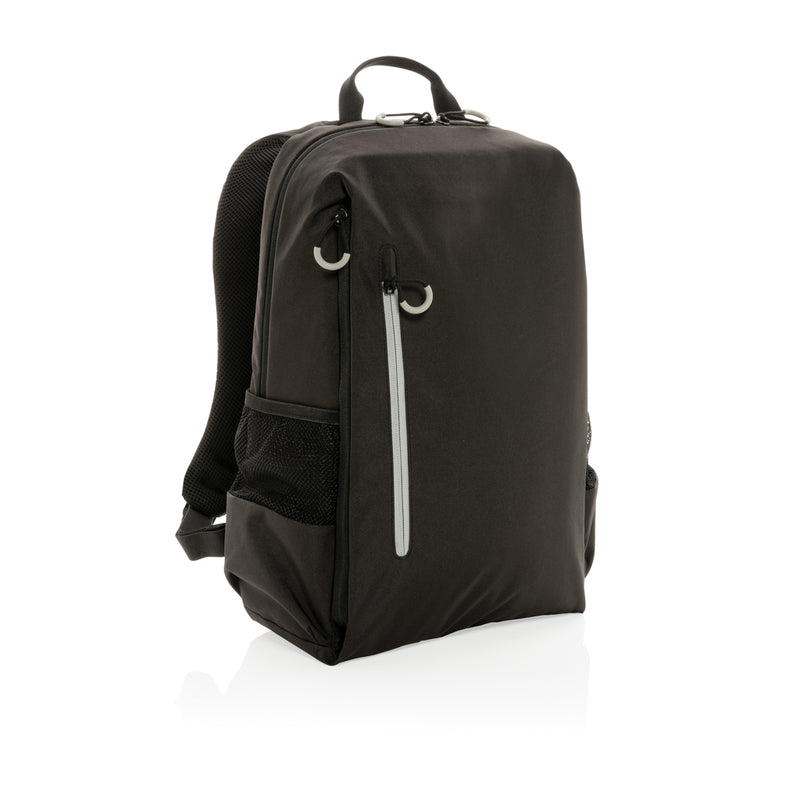 Load image into Gallery viewer, XD Xclusive Impact AWARE™ Lima RFID laptop backpack with padded straps and multiple compartments, black fabric, front logo.
