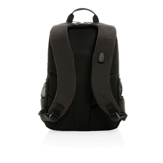 Impact AWARE™ Lima 15.6-inch RFID laptop backpack by XD Xclusive, showing a sleek black bag with multiple compartments and padded straps.